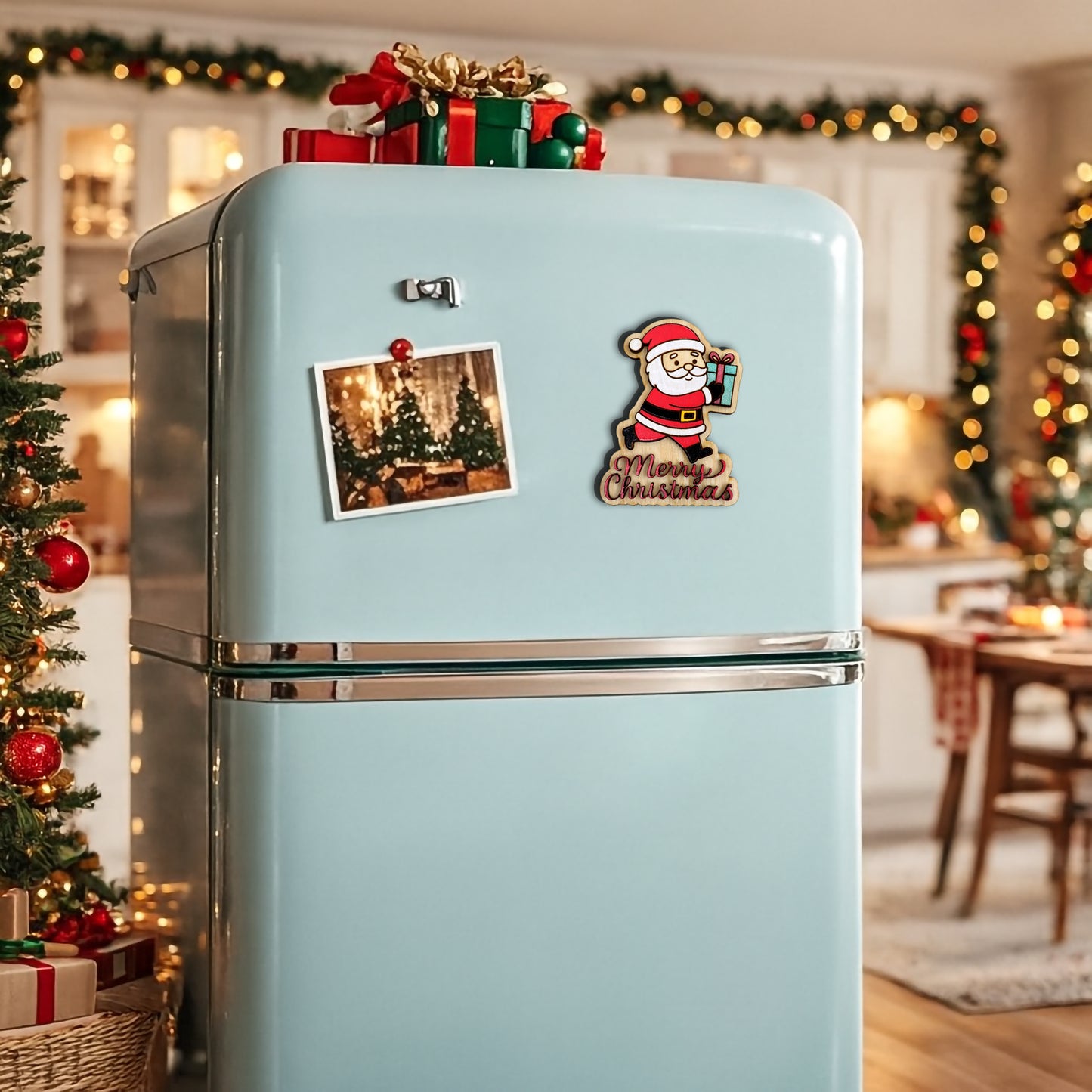 Hand-Painted Wooden Santa “Merry Christmas” Fridge Magnet – Laser Cut Holiday Decor