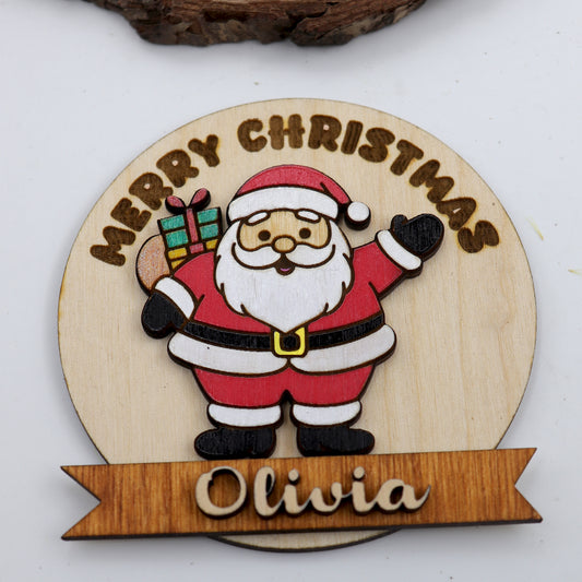 Personalized Wooden Santa Magnet – Custom Name Hand-Painted Christmas Fridge Decor