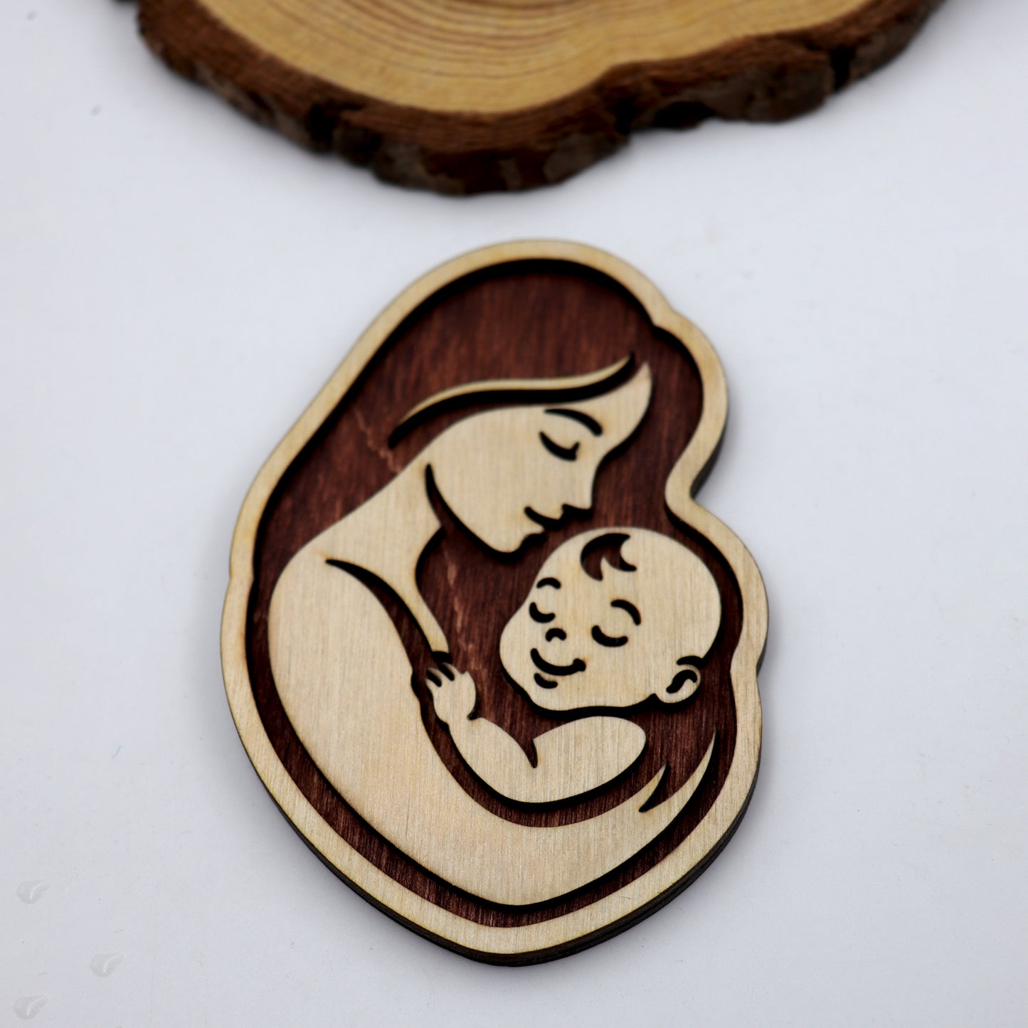 Wooden Mother and Baby Fridge Magnet – Handmade Natural Wood Motherhood Decor Gift