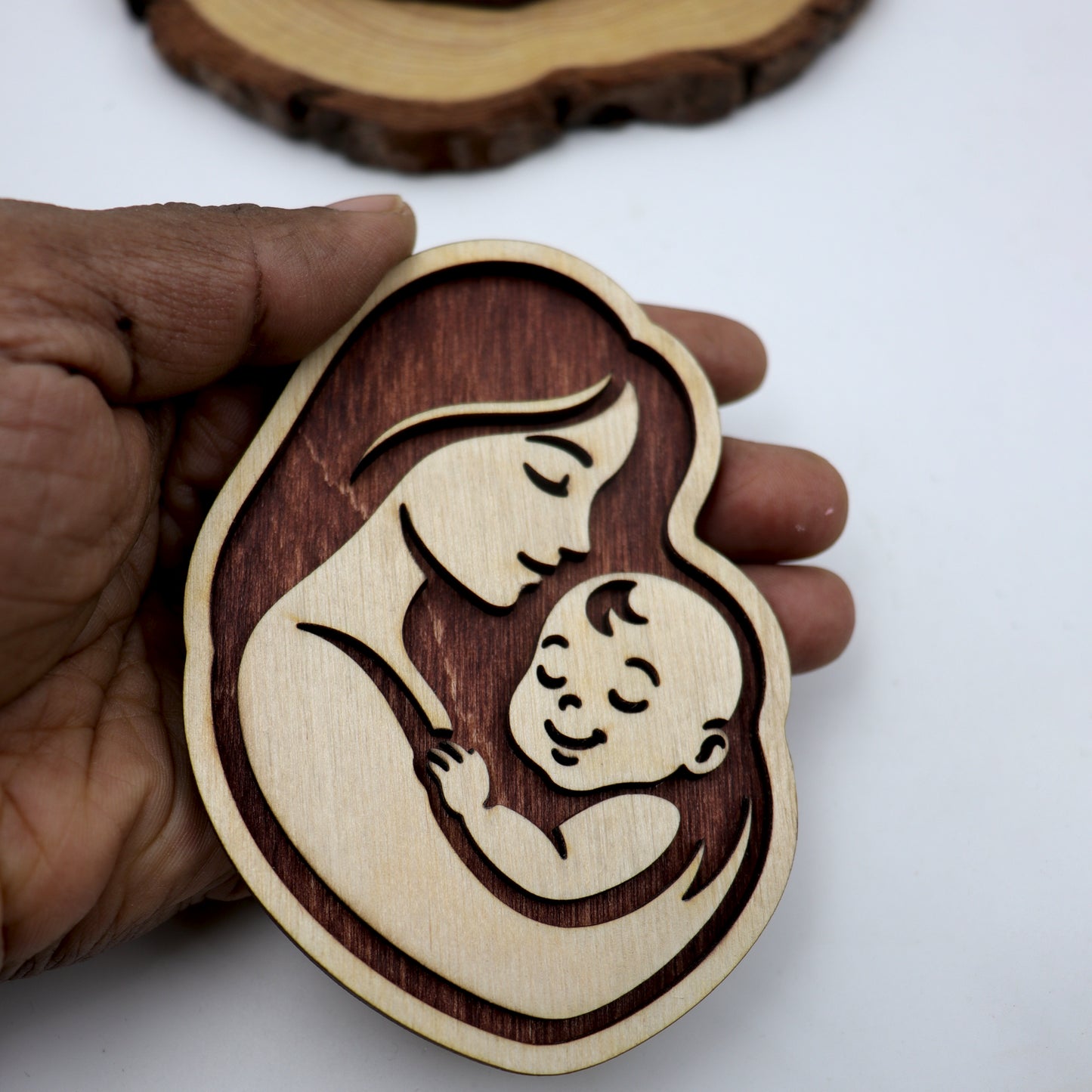 Wooden Mother and Baby Fridge Magnet – Handmade Natural Wood Motherhood Decor Gift