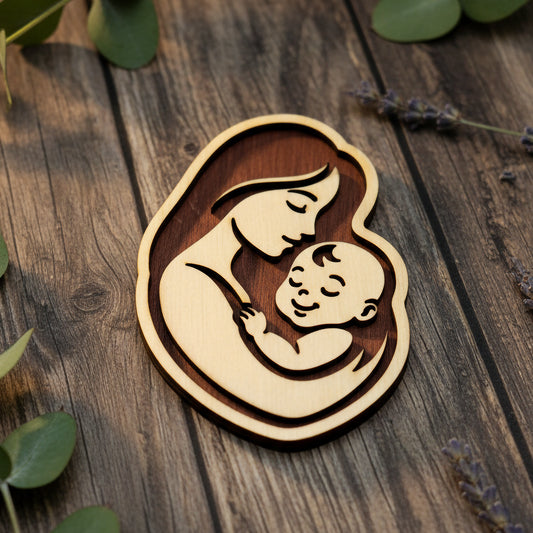 Wooden Mother and Baby Fridge Magnet – Handmade Natural Wood Motherhood Decor Gift