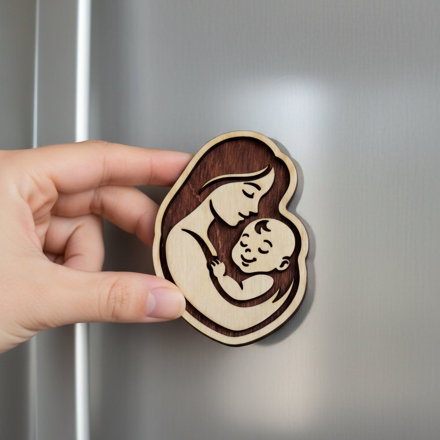 Wooden Mother and Baby Fridge Magnet – Handmade Natural Wood Motherhood Decor Gift