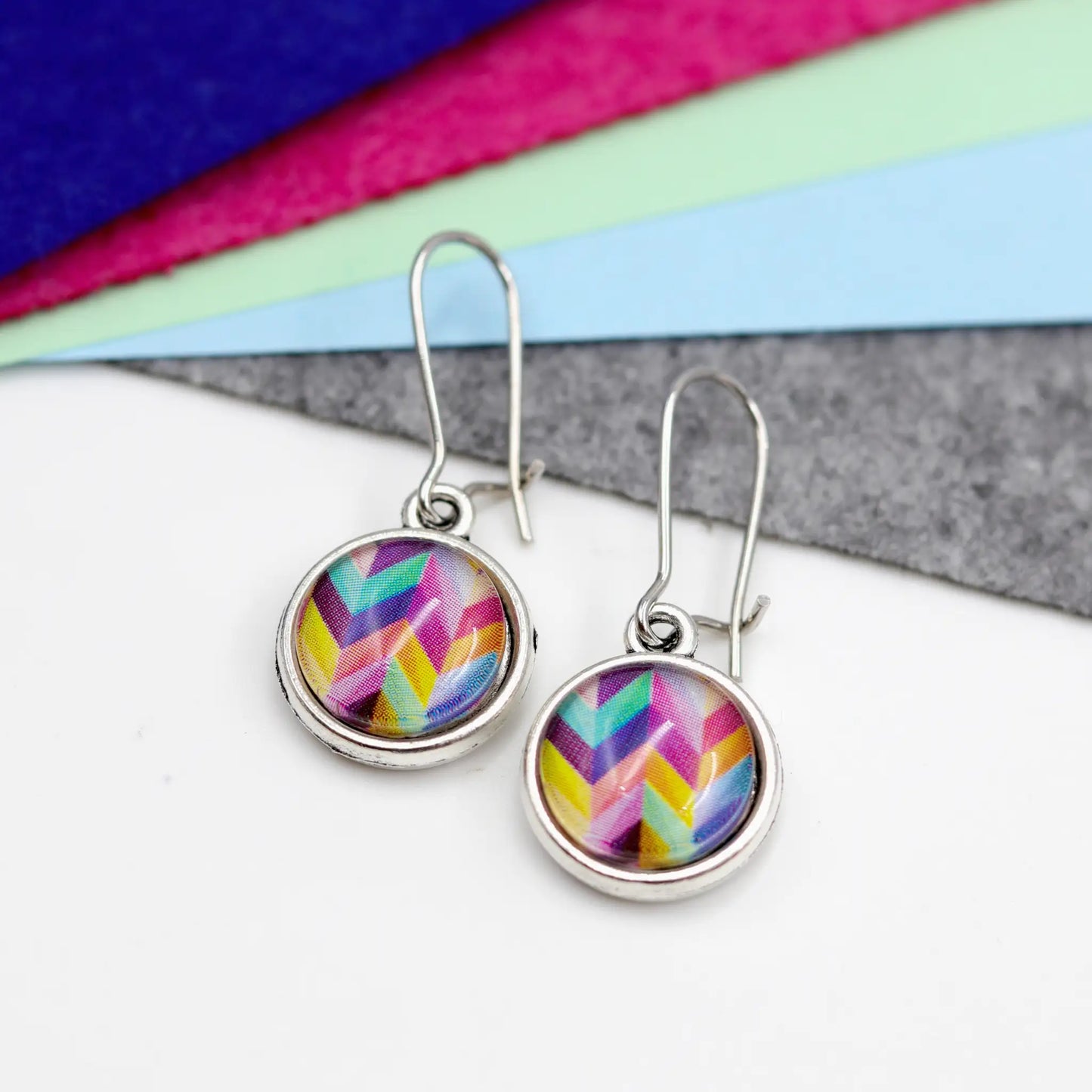 vibrant multicolor chevron striped pattern glass dome earrings