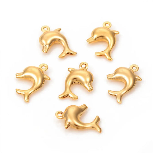 304 Stainless Steel Charms, Dolphin, Golden, 14.5x10.5x3.5mm, Hole: 1mm (Pack of 1)