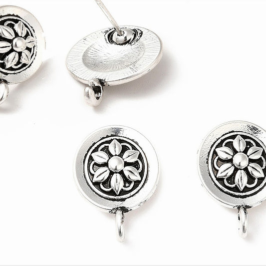 Flat Round with Flower, Antique Silver Earrings