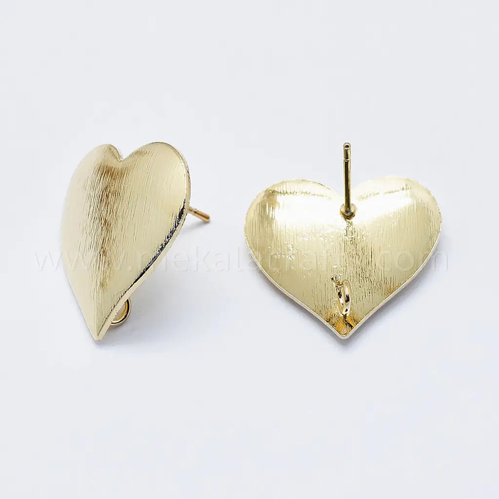 Heart Brass Stud Earring Findings, with Loop, Long-Lasting Plated, Real 18K Gold Plated, Nickel Free