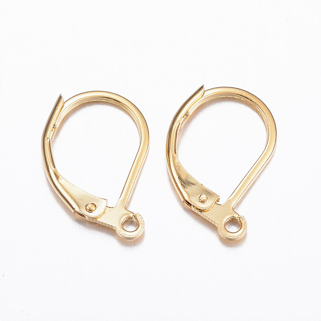 316L Surgical Stainless Steel Leverback Earring Findings, with Loops, Real 18K Gold Plated, 15x10x2mm, Hole: 1.4mm | Sold in Pairs