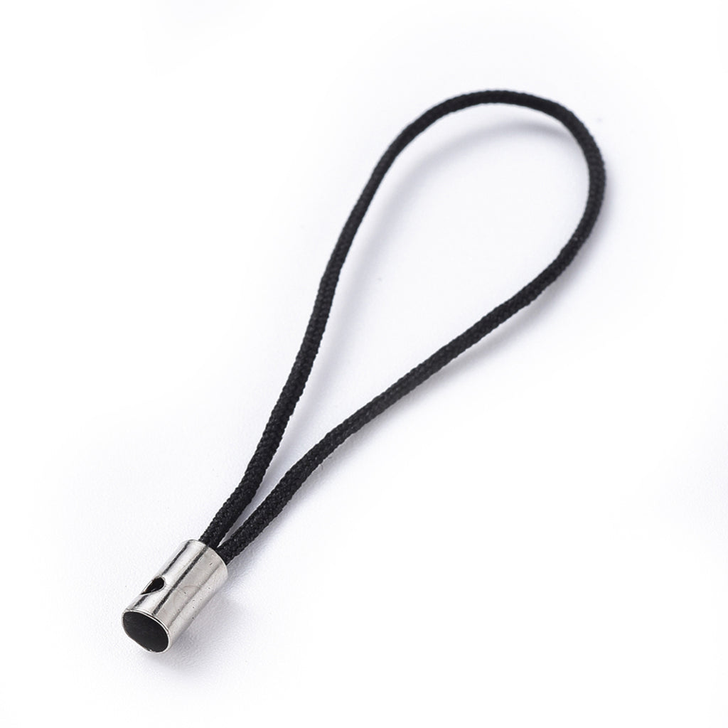 Mobile Phone Strap, Colorful DIY Cell Phone Straps, Nylon Cord Loop with Alloy Ends, Black, Platinum, 45mm | Pack of 1