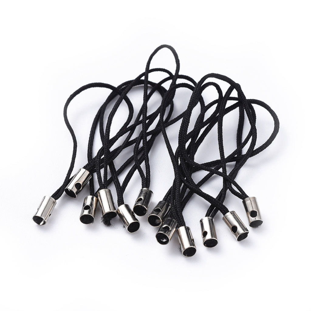 Mobile Phone Strap, Colorful DIY Cell Phone Straps, Nylon Cord Loop with Alloy Ends, Black, Platinum, 45mm | Pack of 1