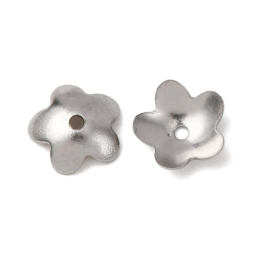 Tarnish Resistant 5-Petal 201 Stainless Steel Flower Bead Caps, Stainless Steel Color, 6x2mm, Hole: 0.7mm | Pack of 1