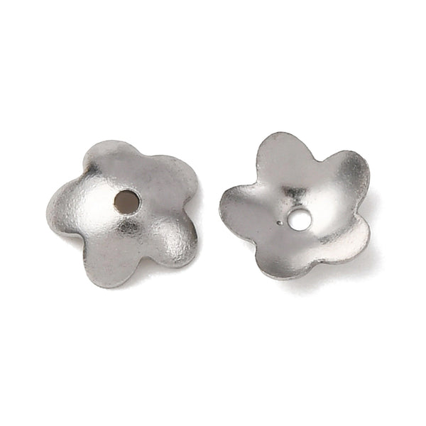 Tarnish Resistant 5-Petal 201 Stainless Steel Flower Bead Caps, Stainless Steel Color, 6x2mm, Hole: 0.7mm | Pack of 1