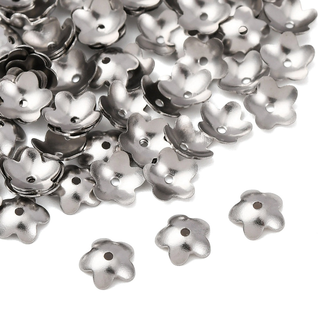 Tarnish Resistant 5-Petal 201 Stainless Steel Flower Bead Caps, Stainless Steel Color, 6x2mm, Hole: 0.7mm | Pack of 1
