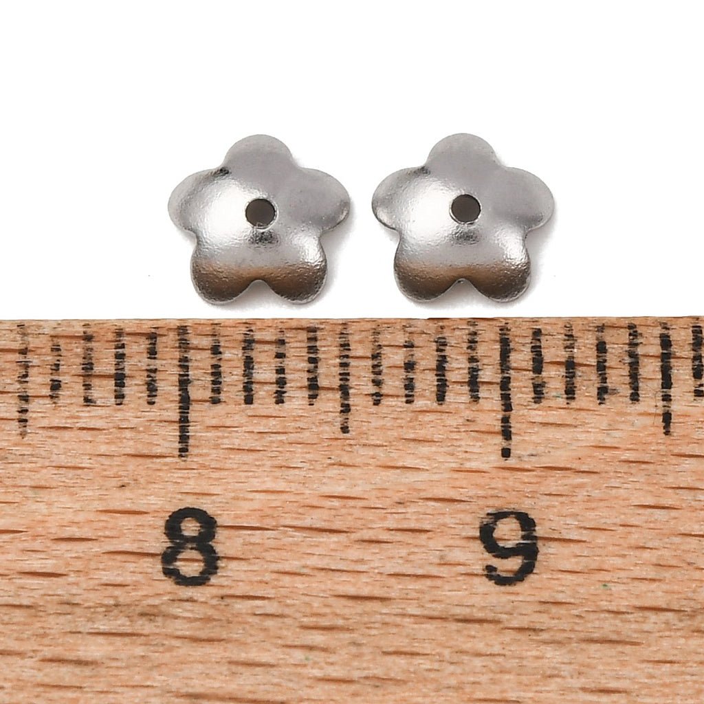 Tarnish Resistant 5-Petal 201 Stainless Steel Flower Bead Caps, Stainless Steel Color, 6x2mm, Hole: 0.7mm | Pack of 1