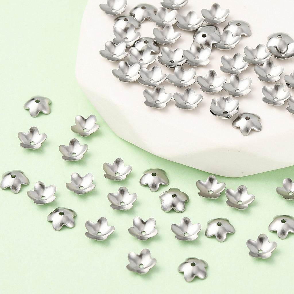 Tarnish Resistant 5-Petal 201 Stainless Steel Flower Bead Caps, Stainless Steel Color, 6x2mm, Hole: 0.7mm | Pack of 1