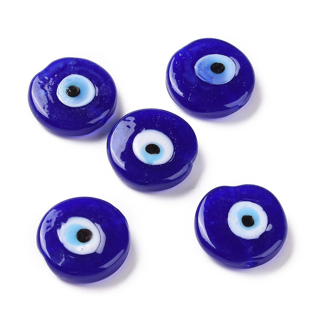 Handmade Evil Eye Lampwork Beads, Flat Round, Blue, 17~17.5x4mm, Hole: 1.2mm | Pack of 1