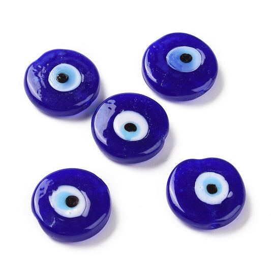 Handmade Evil Eye Lampwork Beads, Flat Round, Blue, 17~17.5x4mm, Hole: 1.2mm | Pack of 1