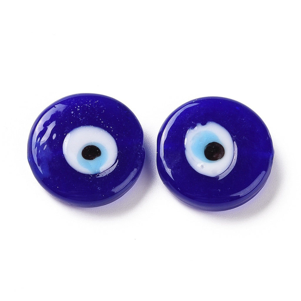Handmade Evil Eye Lampwork Beads, Flat Round, Blue, 17~17.5x4mm, Hole: 1.2mm | Pack of 1