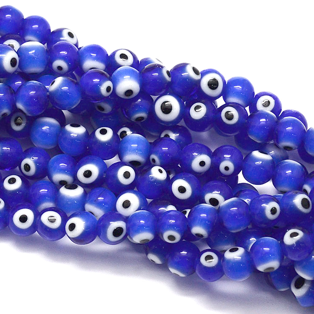 Handmade Evil Eye Lampwork Round Bead, Blue, 6mm, Hole: 1mm | Pack of 10