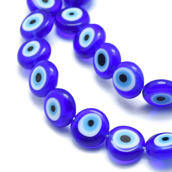Handmade Evil Eye Lampwork Flat Round Bead, Blue, 6x3mm, Hole: 1mm| Pack of 10