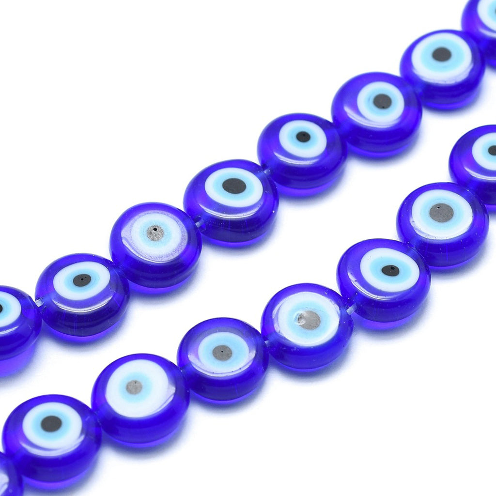 Handmade Evil Eye Lampwork Flat Round Bead, Blue, 6x3mm, Hole: 1mm| Pack of 10