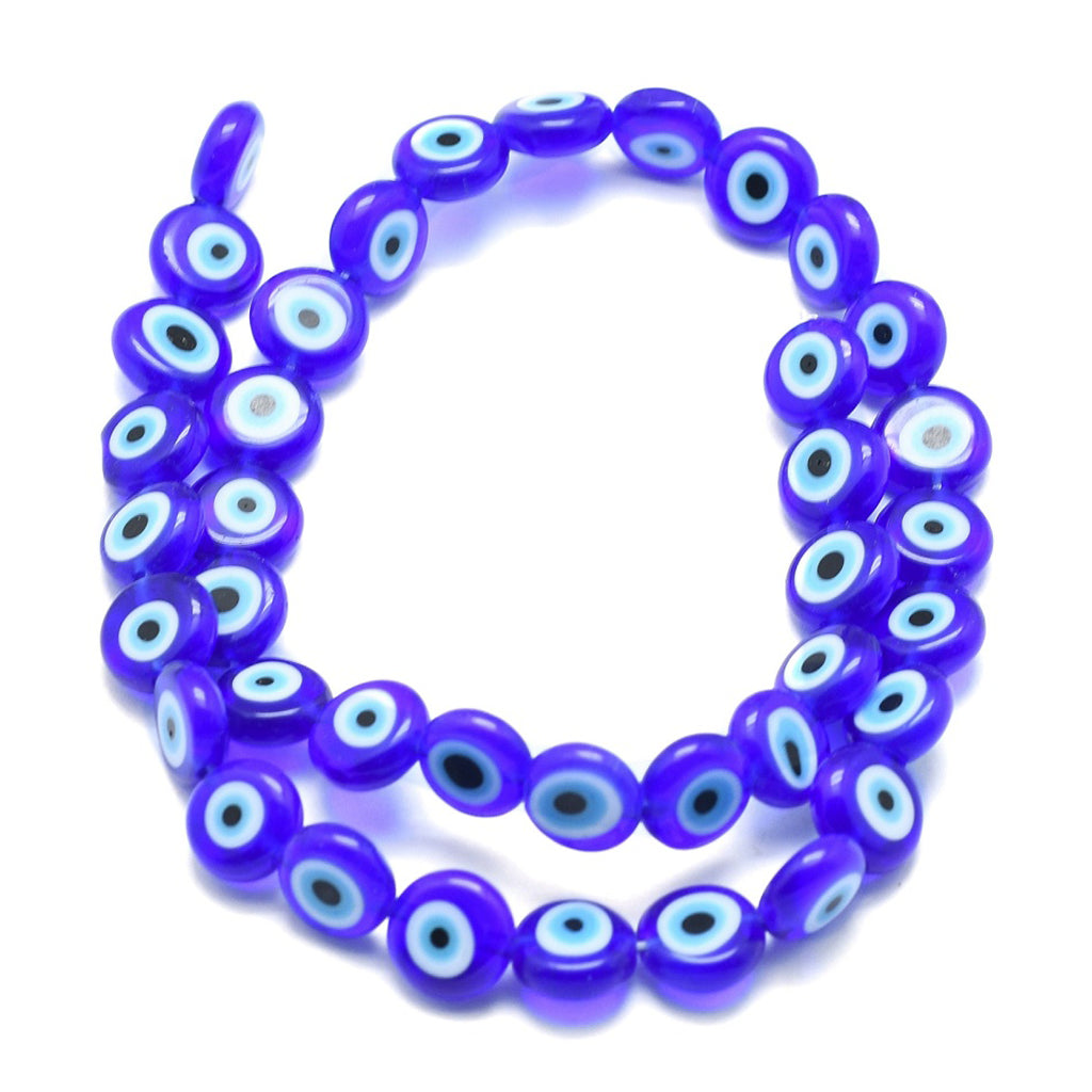 Handmade Evil Eye Lampwork Flat Round Bead, Blue, 6x3mm, Hole: 1mm| Pack of 10