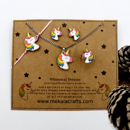 Whimsical Dreams – Hand-Painted Wooden Unicorn Jewelry Set | Unicorn Earrings