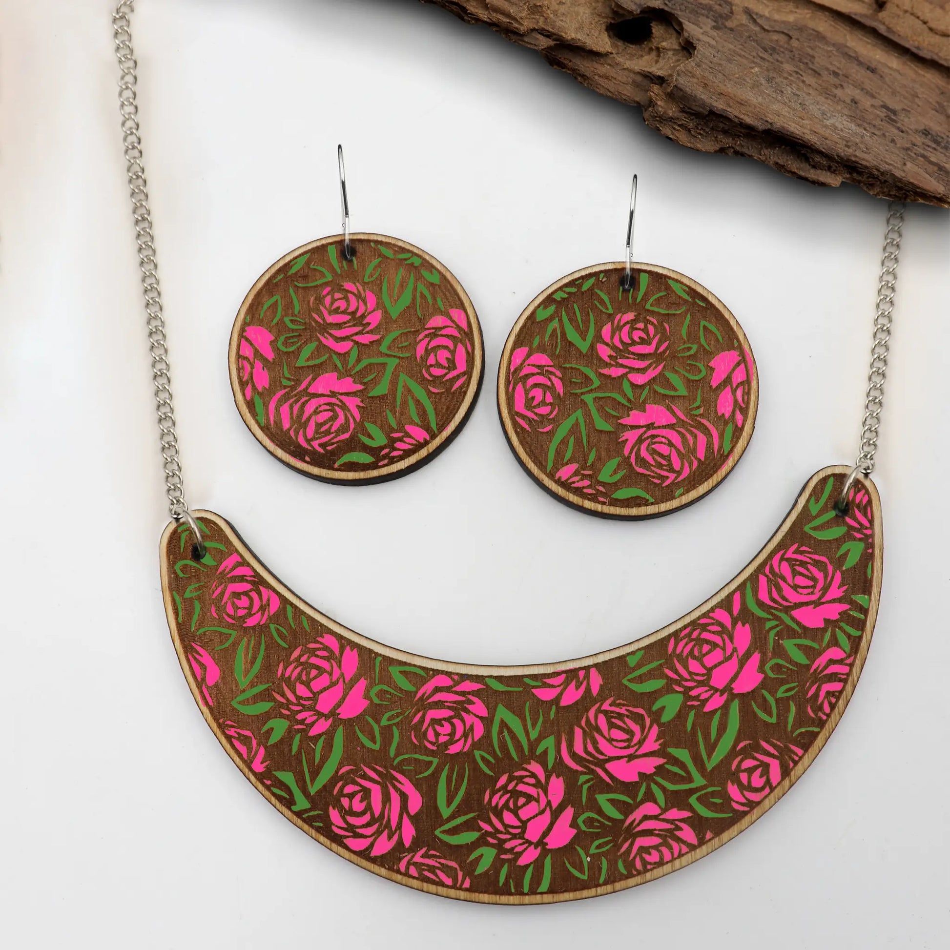 Custom Hand-Painted Wooden Necklace Earrings Set – Laser