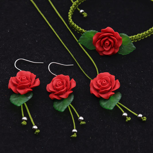 Handmade Red Rose Jewelry Set – Earrings, Bracelet & Necklace with Green Leaf Accents