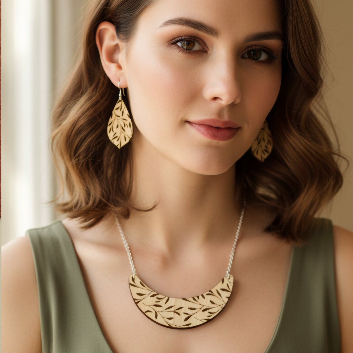 Boho Chic Wooden Leaf Jewellery Set | Hypoallergenic Stainless Steel accessories