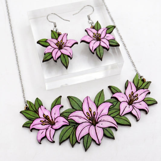 Nature-Inspired Wooden Lily Floral Jewelry Set | Eco-Friendly Botanical Gift for Her