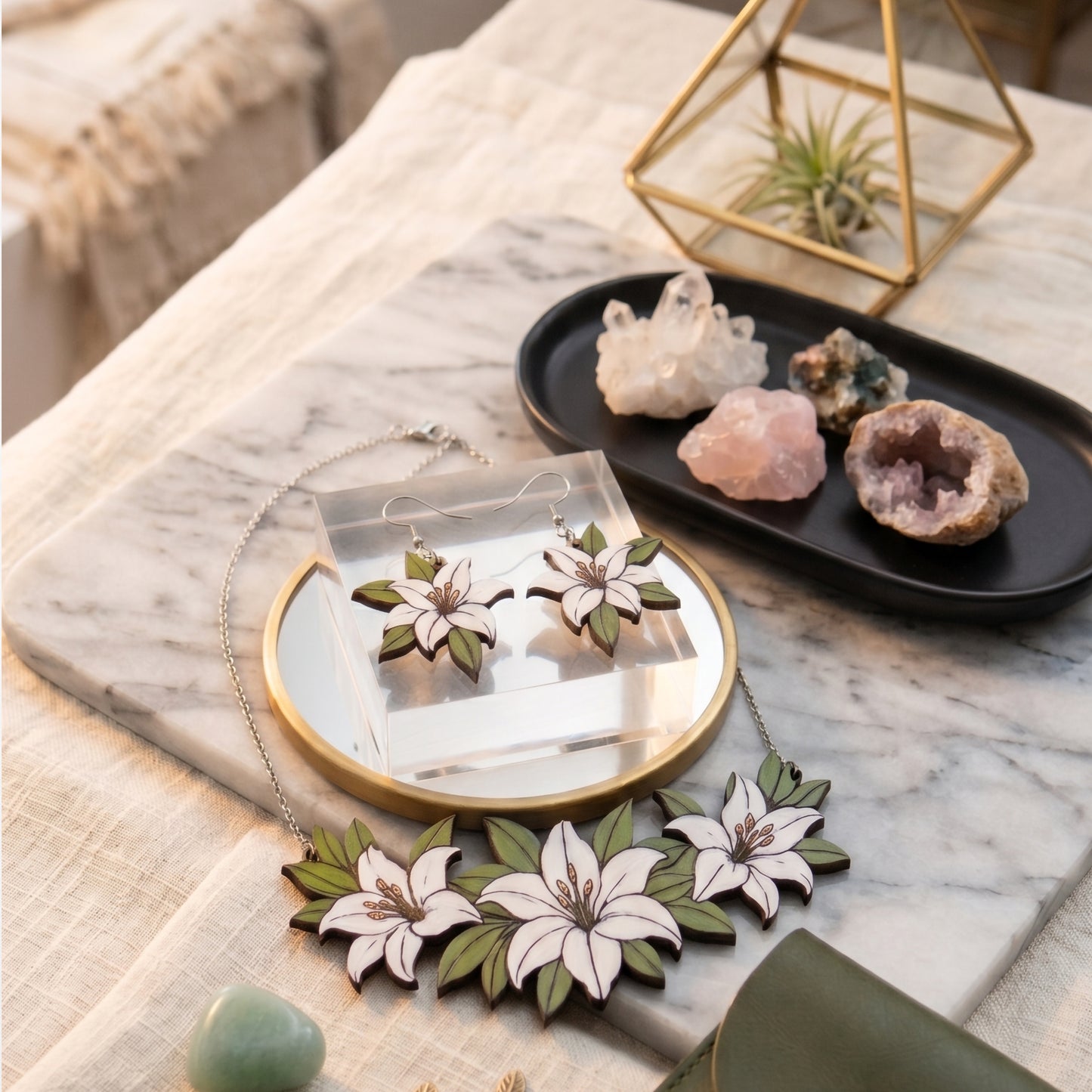 Nature-Inspired Wooden Lily Floral Jewelry Set | Eco-Friendly Botanical Gift for Her