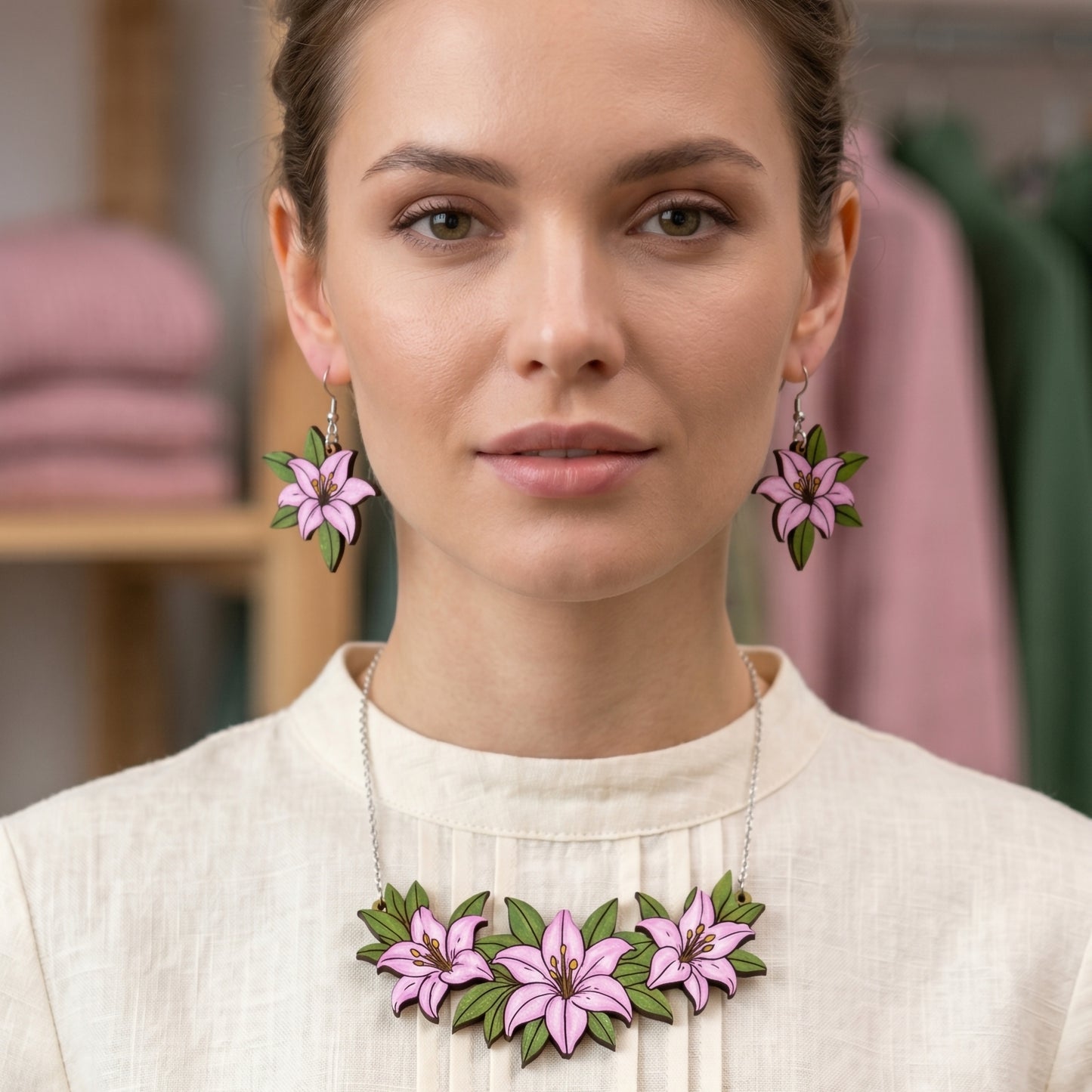 Nature-Inspired Wooden Lily Floral Jewelry Set | Eco-Friendly Botanical Gift for Her