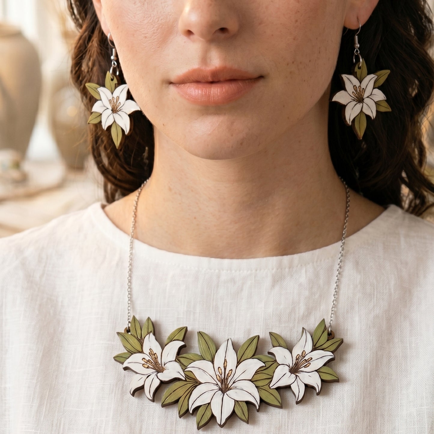 Nature-Inspired Wooden Lily Floral Jewelry Set | Eco-Friendly Botanical Gift for Her