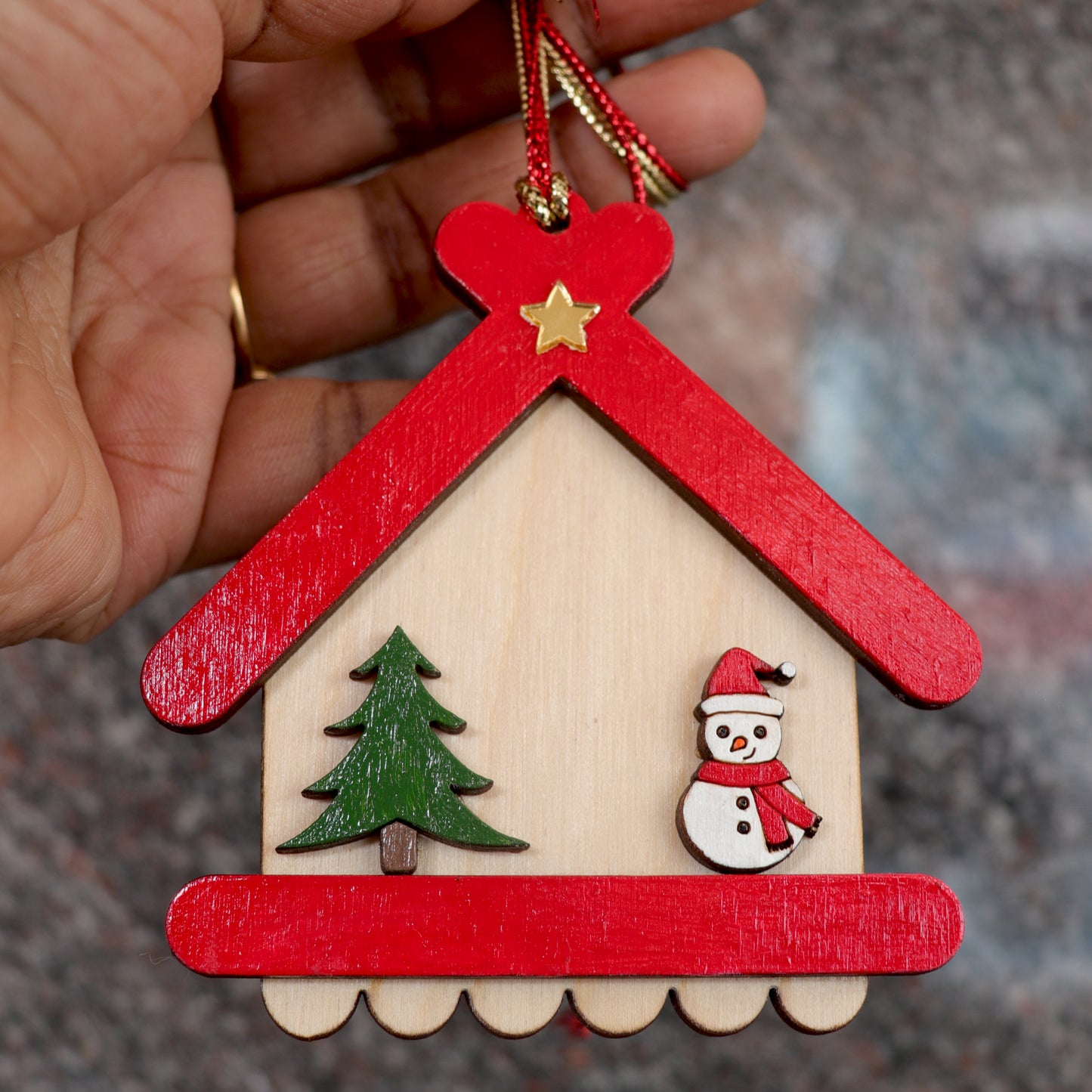 Cute Christmas House & Snowman Tree Ornament