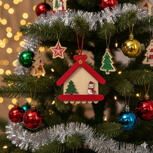 Cute Christmas House & Snowman Tree Ornament