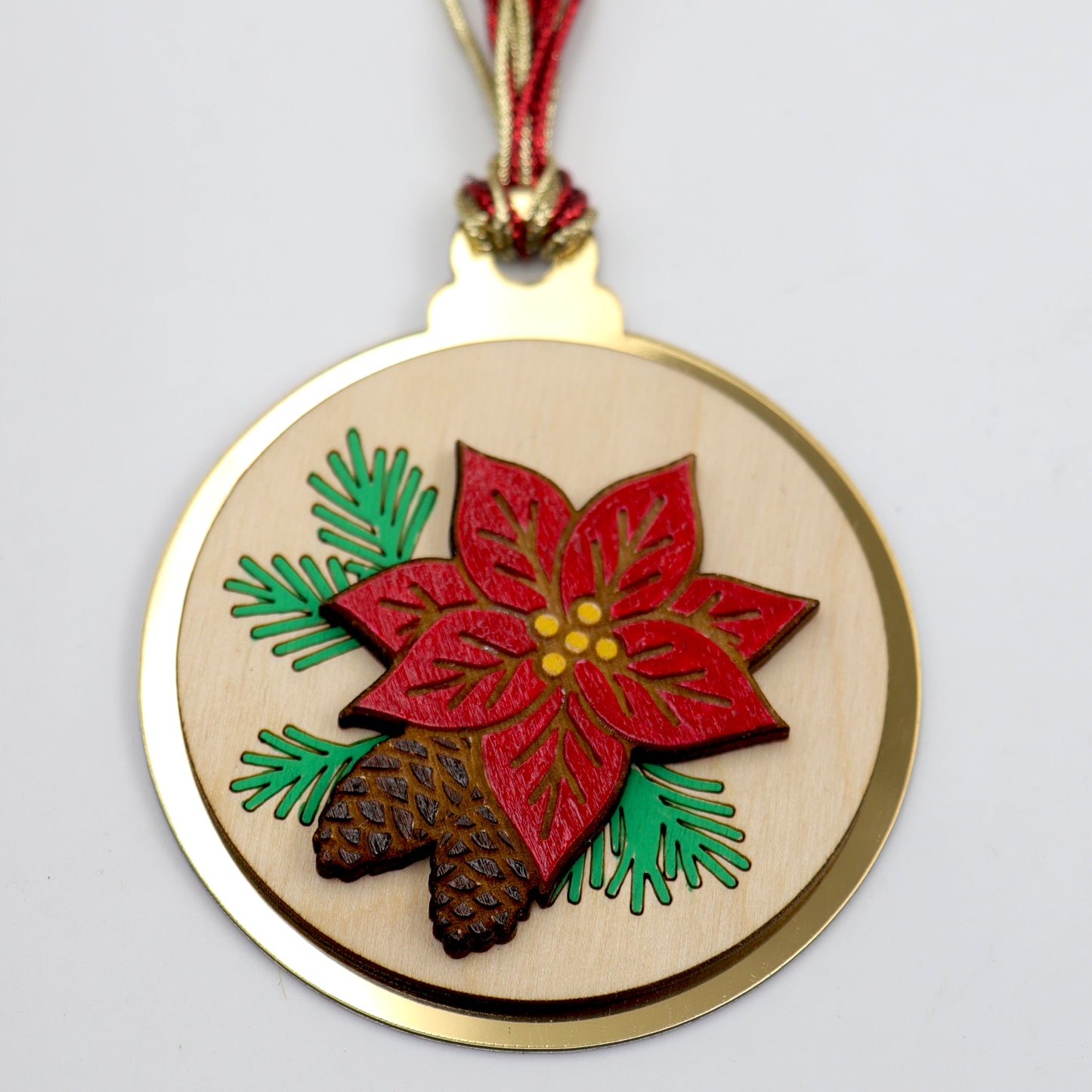 Elegant Poinsettia & Pinecone Wooden Christmas Ornament