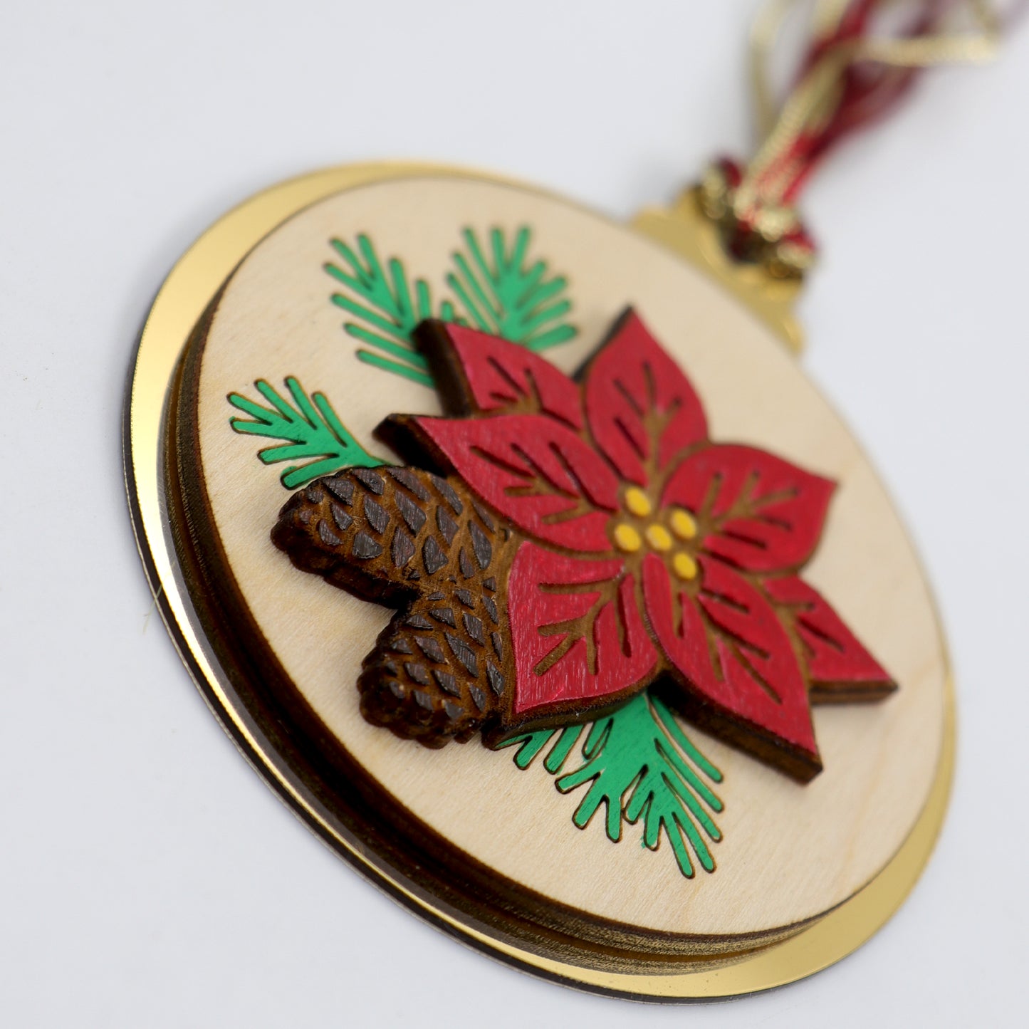 Elegant Poinsettia & Pinecone Wooden Christmas Ornament