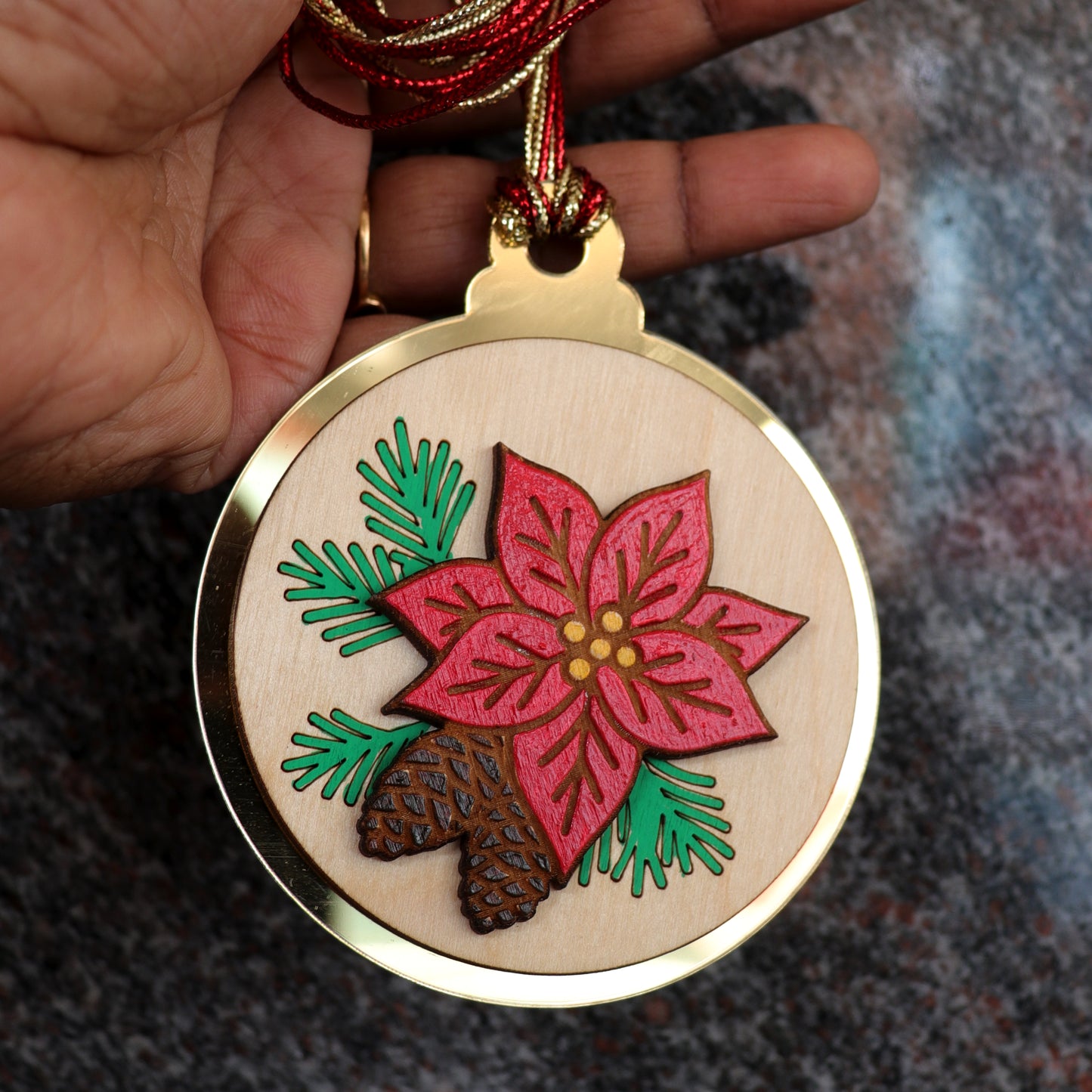 Elegant Poinsettia & Pinecone Wooden Christmas Ornament