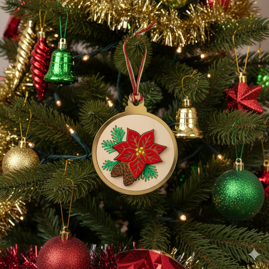 Elegant Poinsettia & Pinecone Wooden Christmas Ornament