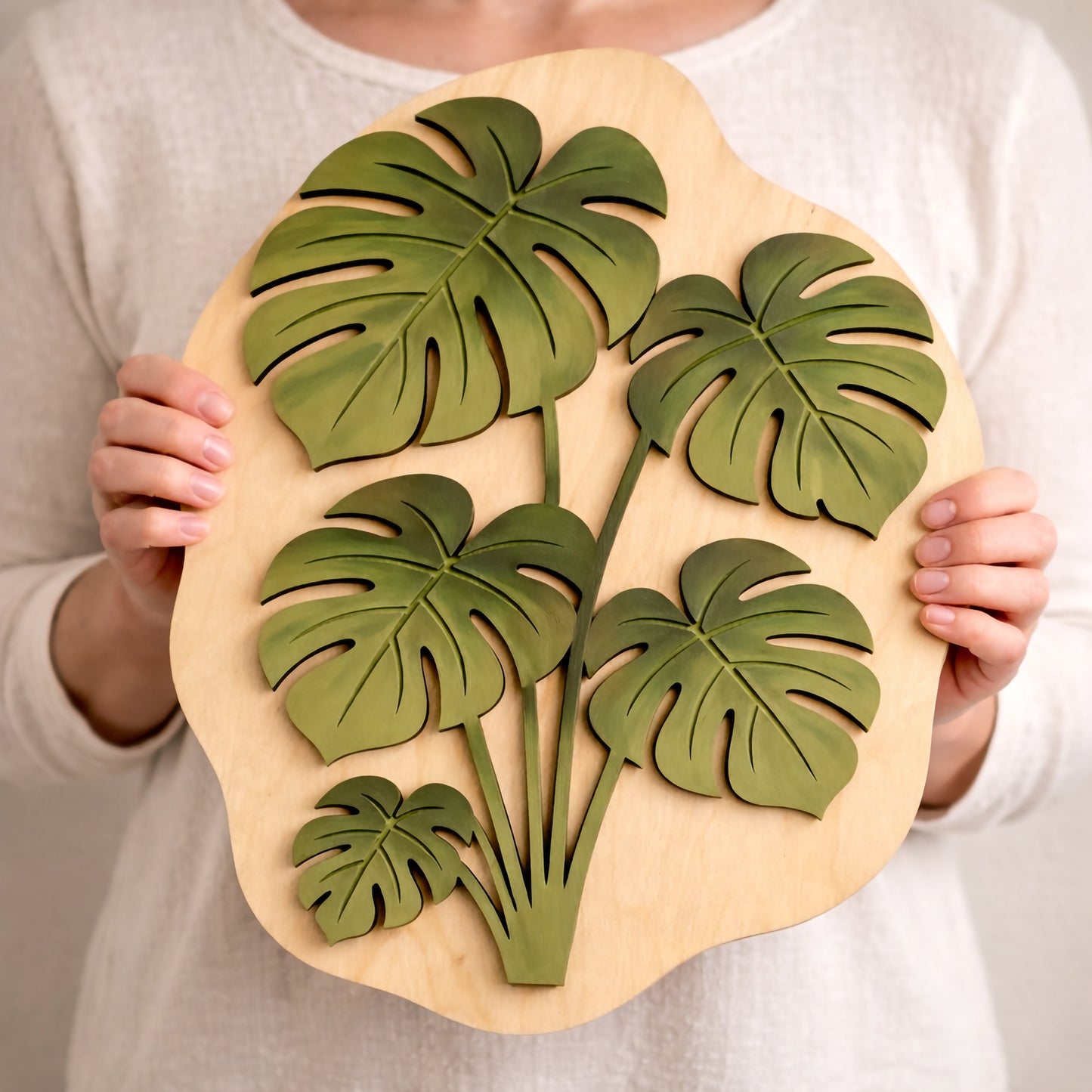 Layered Monstera Wooden Wall Art – Botanical Laser Cut Wood Decor – Tropical Leaf Wall Hanging – Modern Boho Plant Wall Decor – Handpainted Birch Wood Art