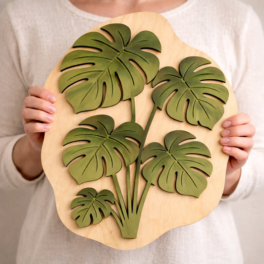 Layered Monstera Wooden Wall Art – Botanical Laser Cut Wood Decor – Tropical Leaf Wall Hanging – Modern Boho Plant Wall Decor – Handpainted Birch Wood Art