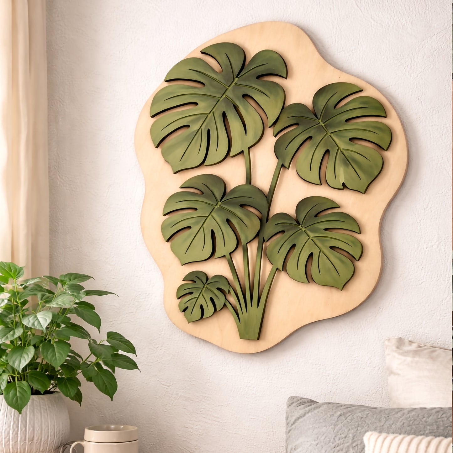 Layered Monstera Wooden Wall Art – Botanical Laser Cut Wood Decor – Tropical Leaf Wall Hanging – Modern Boho Plant Wall Decor – Handpainted Birch Wood Art