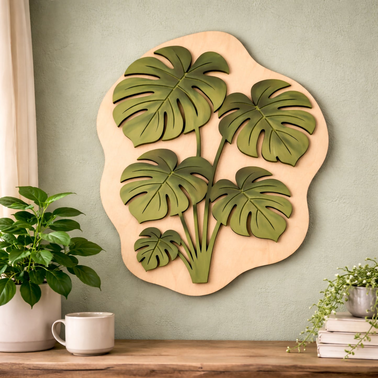 Layered Monstera Wooden Wall Art – Botanical Laser Cut Wood Decor – Tropical Leaf Wall Hanging – Modern Boho Plant Wall Decor – Handpainted Birch Wood Art