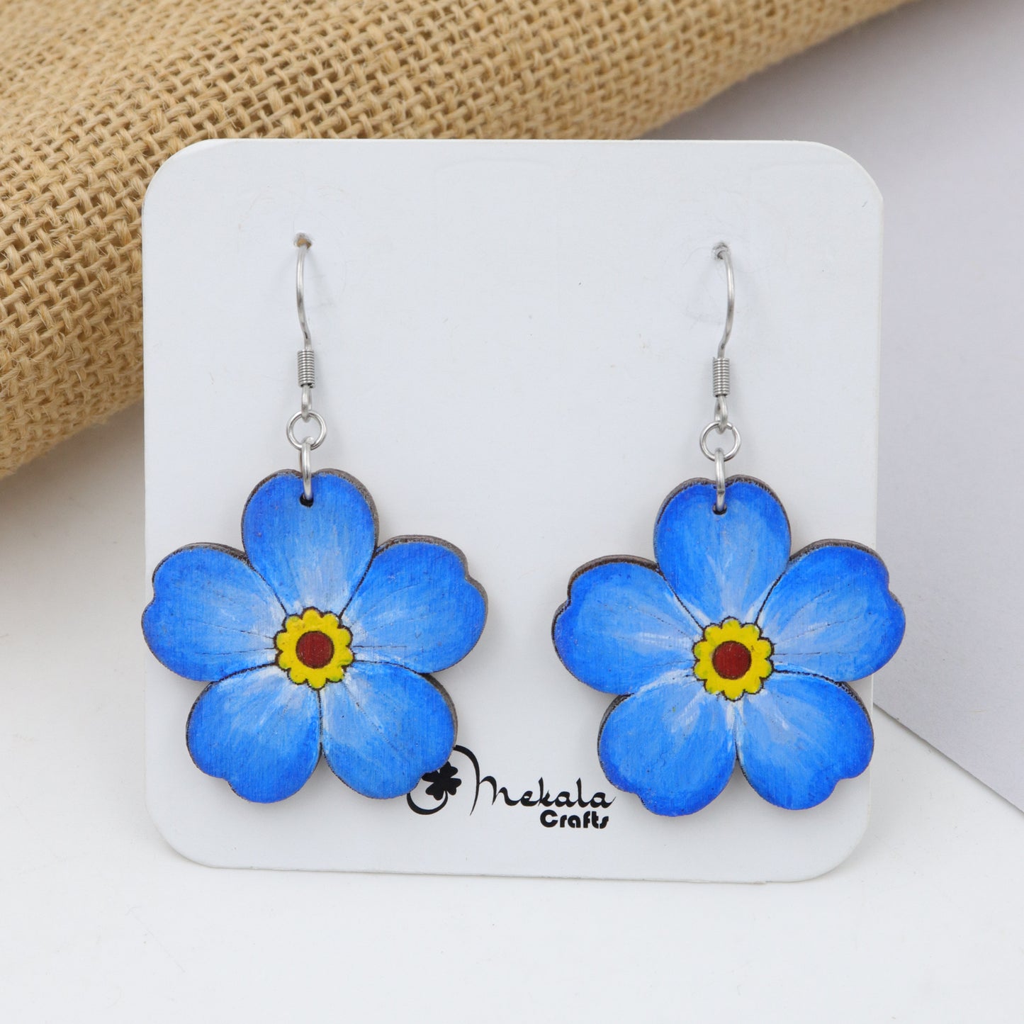 Blue Forget-Me-Not Flower Wooden Earrings – Hand Painted Floral Dangle Earrings