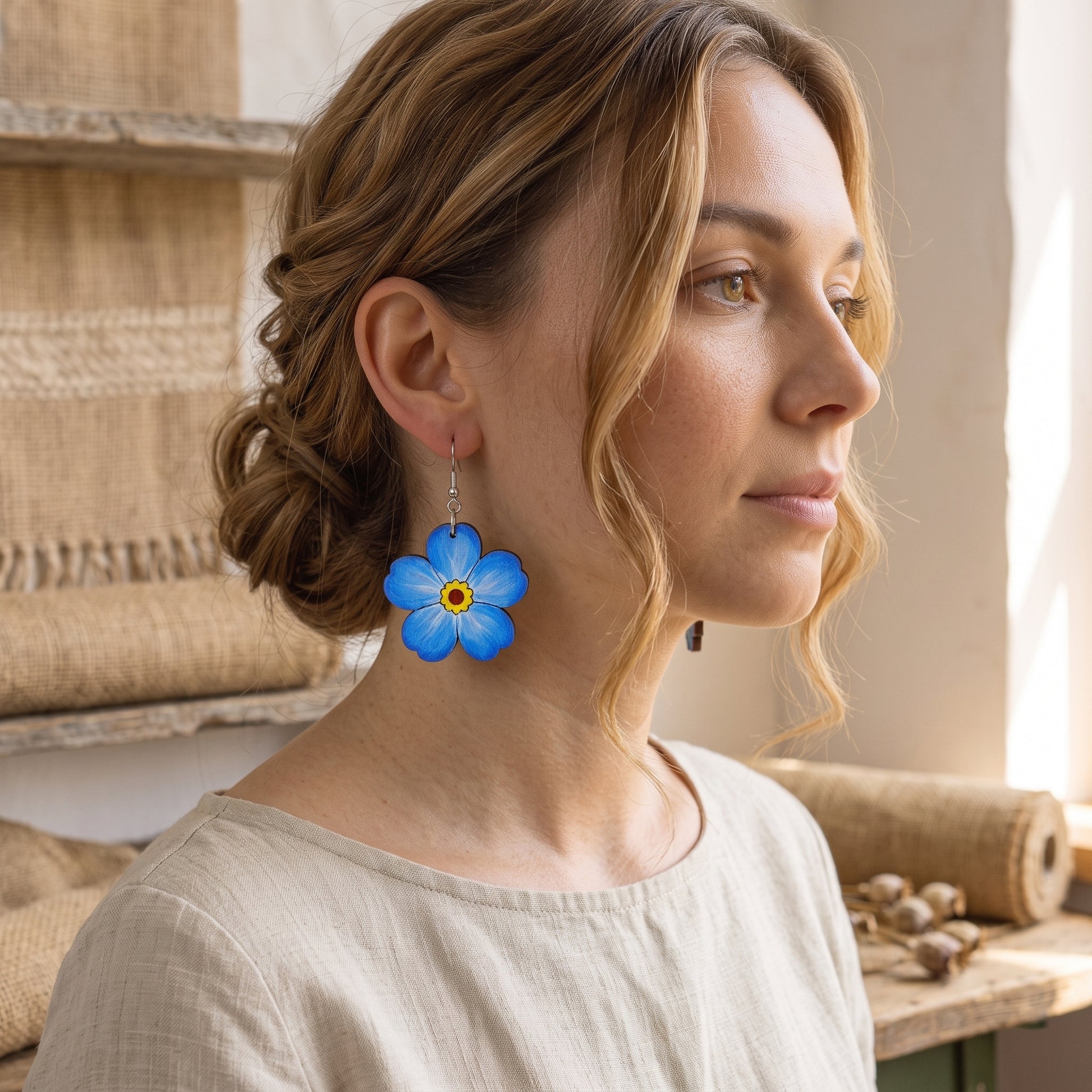 Woman wearing blue forget-me-not flower wooden dangle earrings, handmade jewelry by Mekala Crafts