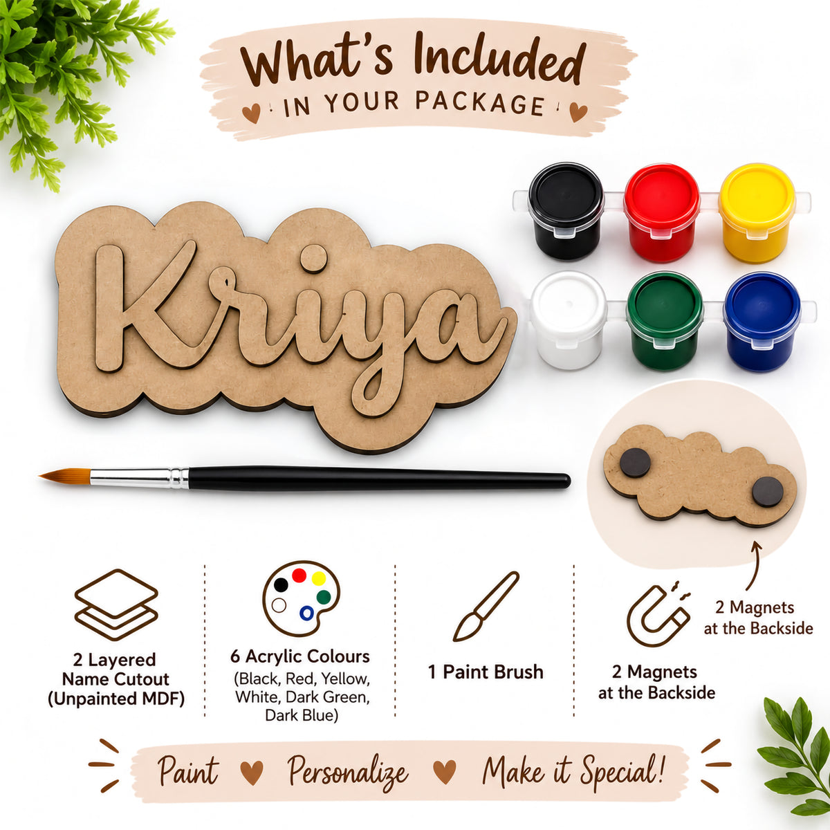 Infographic showing what's included in the DIY name magnet kit: 2-layered MDF cutout, 6 acrylic paint colors, paintbrush, and 2 backside magnets