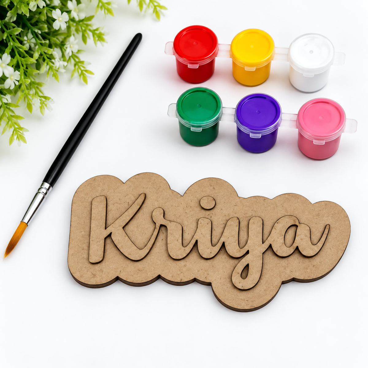 Unpainted 2-layer MDF wooden name magnet with 6 acrylic paint pots and paintbrush for DIY personalization