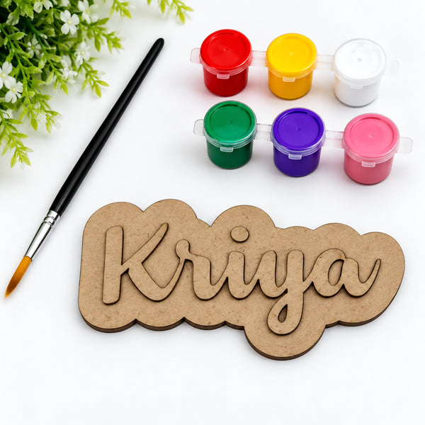 Unpainted 2-layer MDF wooden name magnet with 6 acrylic paint pots and paintbrush for DIY personalization