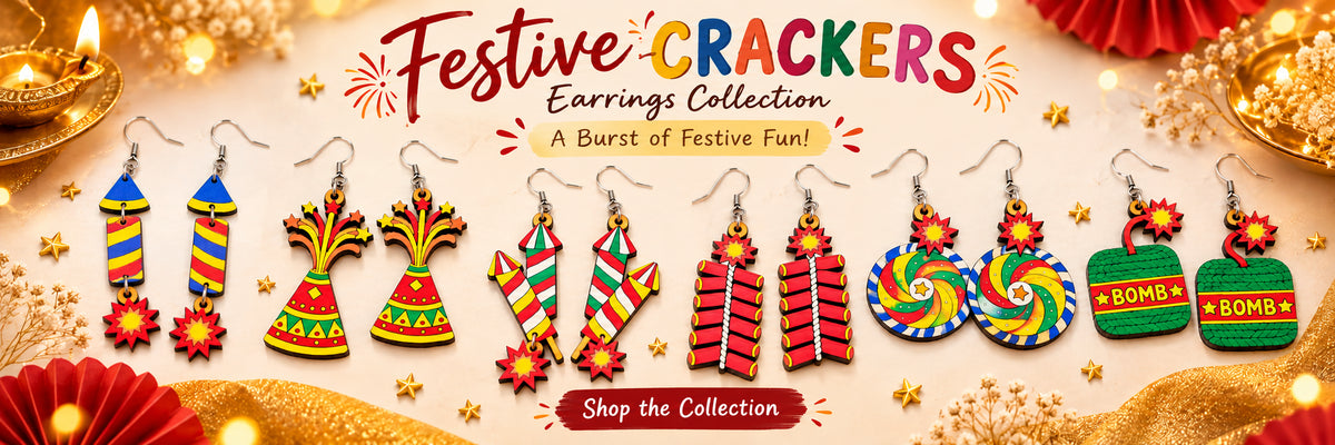 Festive Diwali cracker earrings collection by Mekala Crafts, featuring colorful hand-painted wooden rocket, flower pot, firecracker string, chakkar, and bomb earrings with stainless steel hooks on a festive gold background.