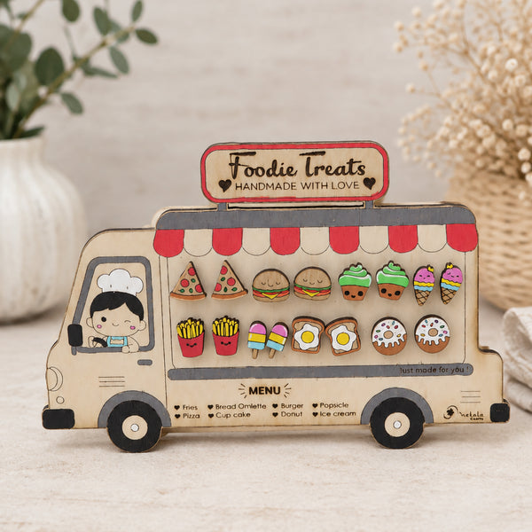 Foodie Treats handmade wooden earrings display truck with 8 sliced fruit food themed stud earrings